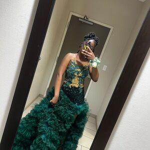 Elegant Green and Gold Ruffled Gown